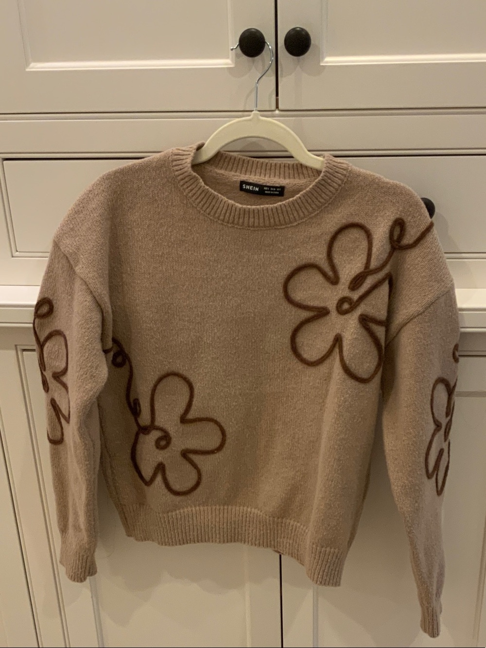 SHEIN Tan Crewneck Sweater with Brown Floral Outline